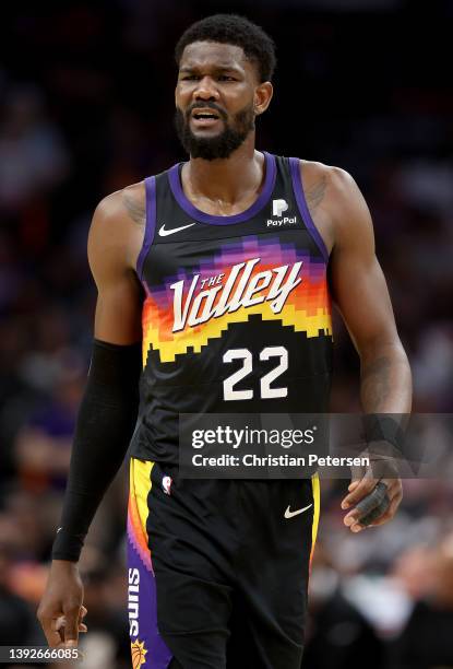 Deandre Ayton of the Phoenix Suns during the first half of Game One of the Western Conference First Round NBA Playoffs at Footprint Center on April...