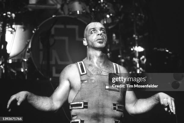 Till Lindemann of Rammstein performs during the "Pledge of Allegiance" tour at Cox Arena on September 30, 2001 in San Diego, California.