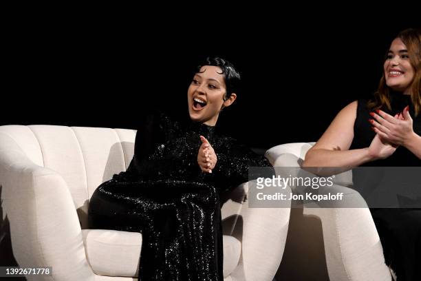 Alexa Demie and Barbie Ferreira speak onstage during the panel for HBO Max "Euphoria" FYC on April 20, 2022 in Los Angeles, California.