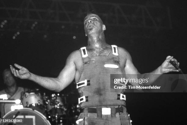 Till Lindemann of Rammstein performs during the "Pledge of Allegiance" tour at Cox Arena on September 30, 2001 in San Diego, California.