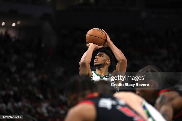 Giannis Antetokounmpo of the Milwaukee Bucks shoots a free against the Chicago Bulls during the second half of Game Two of the Eastern Conference...
