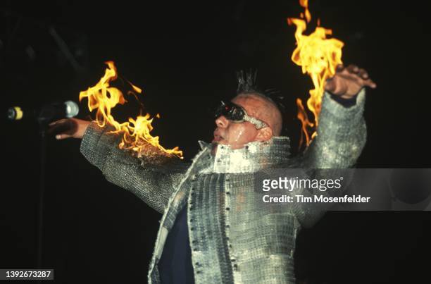 Till Lindemann of Rammstein performs during the "Pledge of Allegiance" tour at Cox Arena on September 30, 2001 in San Diego, California.