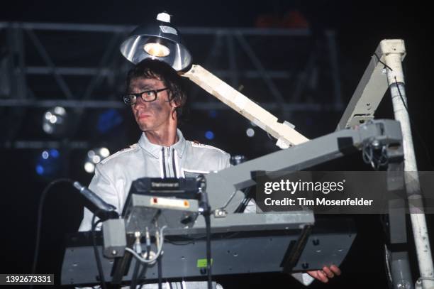 Christian "Flake" Lorenz of Rammstein performs during the "Pledge of Allegiance" tour at Cox Arena on September 30, 2001 in San Diego, California.