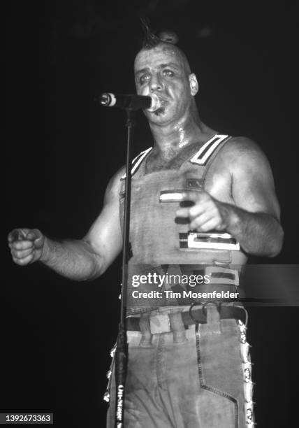 Till Lindemann of Rammstein performs during the "Pledge of Allegiance" tour at Cox Arena on September 30, 2001 in San Diego, California.