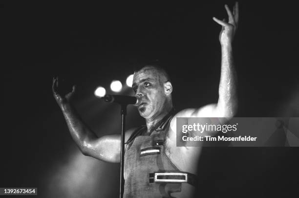 Till Lindemann of Rammstein performs during the "Pledge of Allegiance" tour at Cox Arena on September 30, 2001 in San Diego, California.