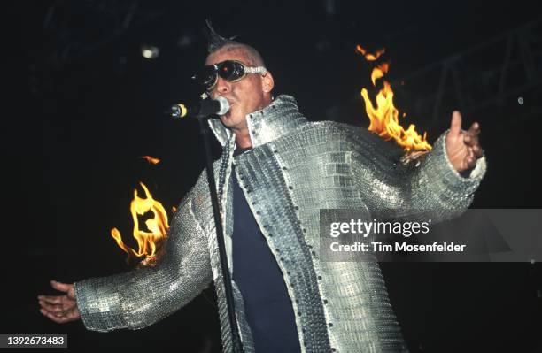 Till Lindemann of Rammstein performs during the "Pledge of Allegiance" tour at Cox Arena on September 30, 2001 in San Diego, California.