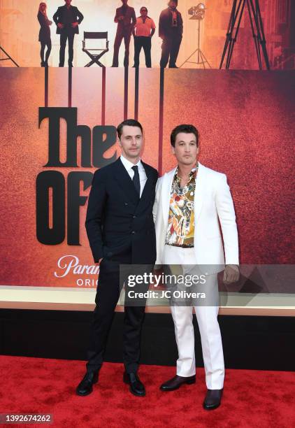 Matthew Goode and Miles Teller attend the premiere for the Paramount+ new series "The Offer" at Paramount Studios on April 20, 2022 in Los Angeles,...