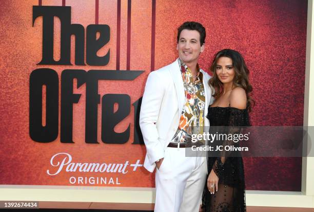 Miles Teller and Keleigh Sperry attend the premiere for the Paramount+ new series "The Offer" at Paramount Studios on April 20, 2022 in Los Angeles,...