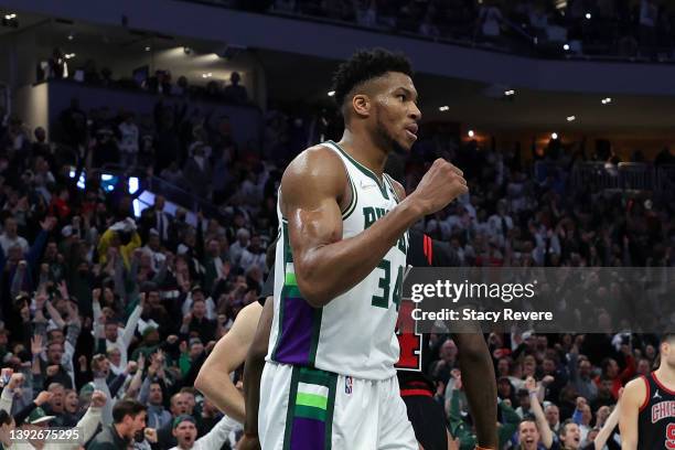 Giannis Antetokounmpo of the Milwaukee Bucks reacts to an officials call in the second half of Game Two of the Eastern Conference First Round...