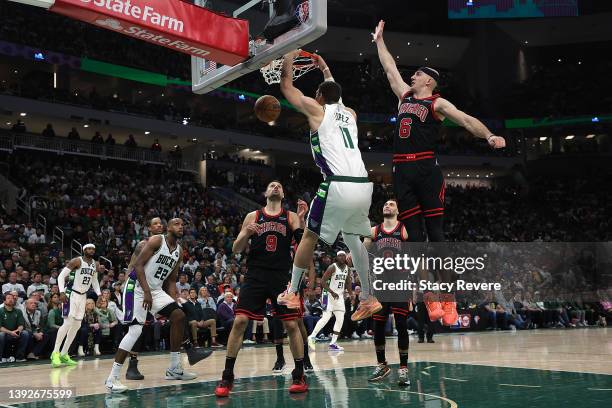 Brook Lopez of the Milwaukee Bucks dunks against the Chicago Bulls in the second half of Game Two of the Eastern Conference First Round Playoffs at...