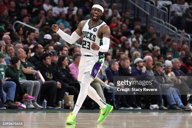 Wesley Matthews of the Milwaukee Bucks reacts to an officials call in the second half of Game Two of the Eastern Conference First Round Playoffs...