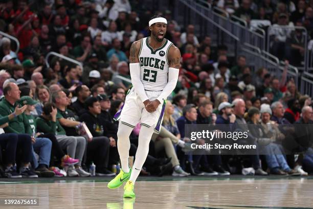 Wesley Matthews of the Milwaukee Bucks reacts to an officials call in the second half of Game Two of the Eastern Conference First Round Playoffs...