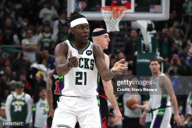 Brook Lopez of the Milwaukee Bucks reacts to an officials call in the second half of Game Two of the Eastern Conference First Round Playoffs against...