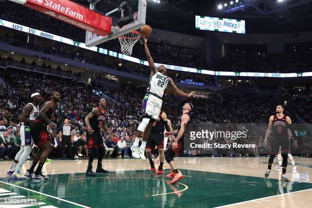 Khris Middleton of the Milwaukee Bucks drives to the basket in the second half of Game Two of the Eastern Conference First Round Playoffs against the...