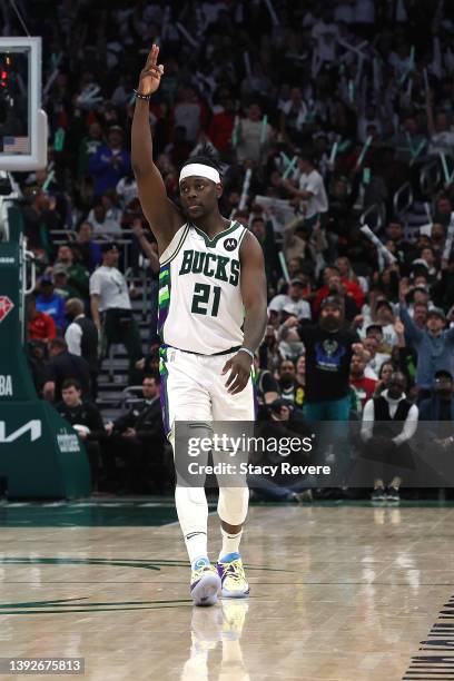 Jrue Holiday of the Milwaukee Bucks reacts to a three point shot in the second half of Game Two of the Eastern Conference First Round Playoffs...