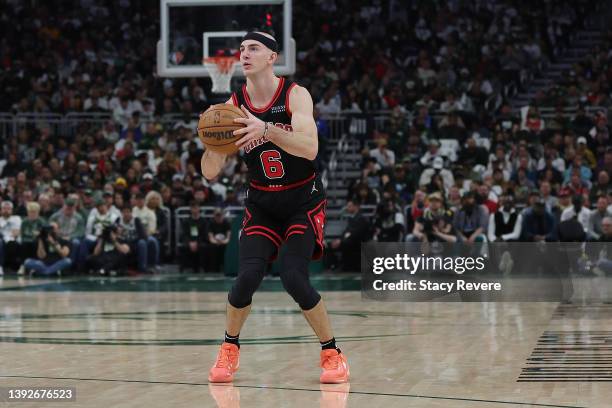 Alex Caruso of the Chicago Bulls takes a three point shot against the Milwaukee Bucks in the second half of Game Two of the Eastern Conference First...