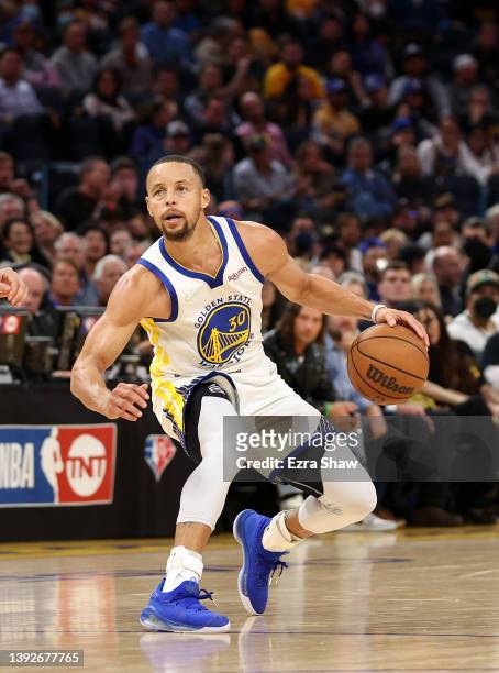 Stephen Curry of the Golden State Warriors in action against the Denver Nuggets during Game Two of the Western Conference First Round NBA Playoffs at...