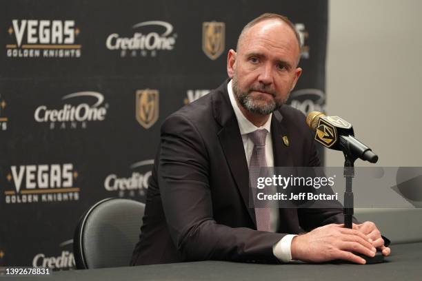 Vegas Golden Knights head coach Pete DeBoer speaks with the media after a victory over the Washington Capitals at T-Mobile Arena on April 20, 2022 in...