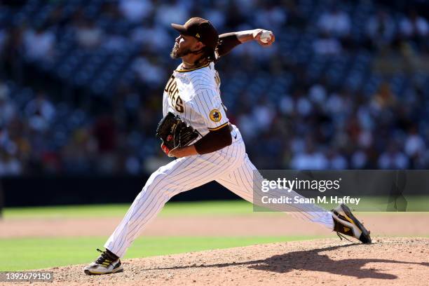 Dinelson Lamet of the San Diego Padres pitches during the ninth inning of a game against the Cincinnati Reds at PETCO Park on April 20, 2022 in San...