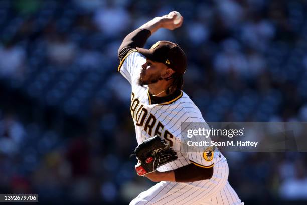 Dinelson Lamet of the San Diego Padres pitches during the ninth inning of a game against the Cincinnati Reds at PETCO Park on April 20, 2022 in San...