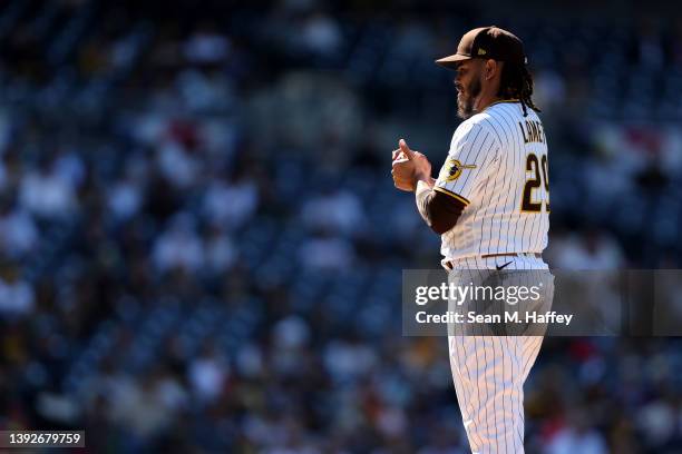 Dinelson Lamet of the San Diego Padres pitches during the ninth inning of a game against the Cincinnati Reds at PETCO Park on April 20, 2022 in San...