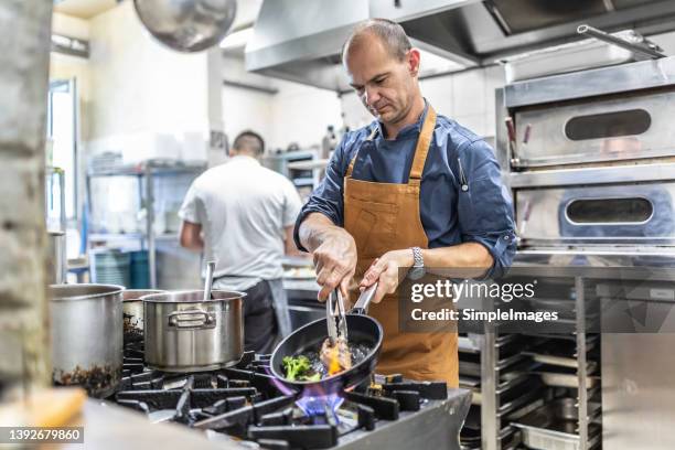 professional chef cooks steak with fresh wegetable in the restaurant on pan. - commercial kitchen and ingredients stock pictures, royalty-free photos & images