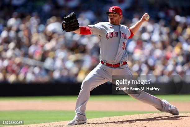 Justin Wilson of the Cincinnati Reds pitches during a game against the San Diego Padres at PETCO Park on April 20, 2022 in San Diego, California.