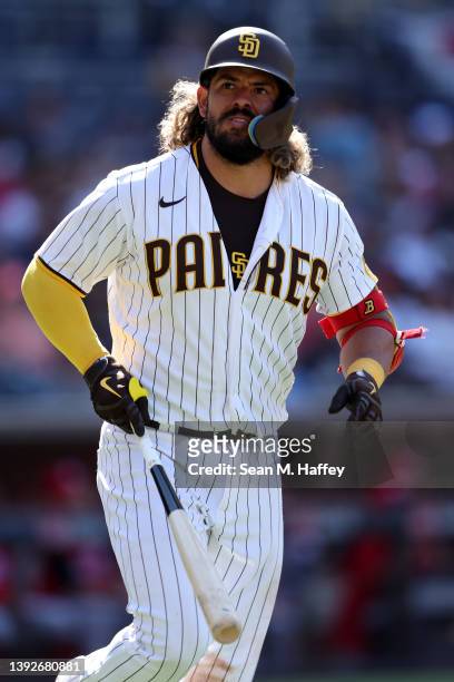 Jorge Alfaro of the San Diego Padres at bat during a game against the Cincinnati Reds at PETCO Park on April 20, 2022 in San Diego, California.
