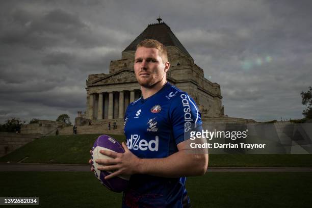 Josh King of the Melbourne Storm poses for a photo outside the Shrine of Remembrance on April 21, 2022 in Melbourne, Australia.
