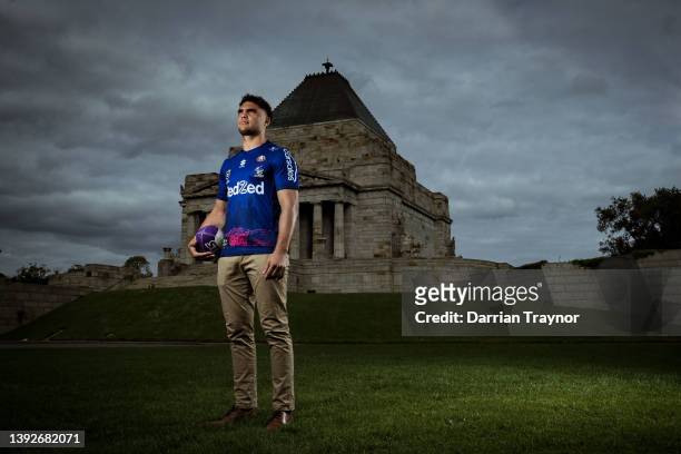 Xavier Coates of the Melbourne Storm poses for a photo outside the Shrine of Remembrance on April 21, 2022 in Melbourne, Australia.