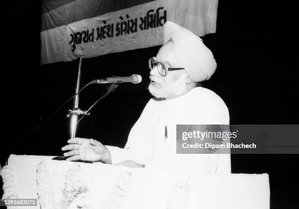 Dr Manmohan Singh at Gujarat Pradesh Congress Committee at Ahmedabad Gujarat India on 5th May 1996.