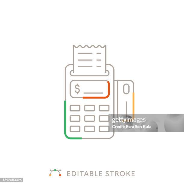 pos-maschine mehrfarbiges liniensymbol mit bearbeitbarer kontur - markt verkaufsstätte stock-grafiken, -clipart, -cartoons und -symbole