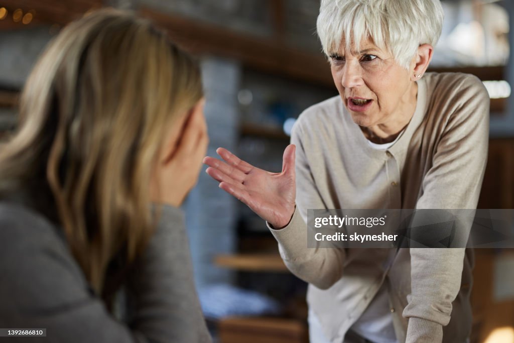 Senior single mother arguing with her adult daughter at home.