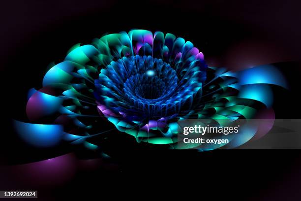 abstract radial neon swirl flower fractal on black background illustration art - fractal stock pictures, royalty-free photos & images