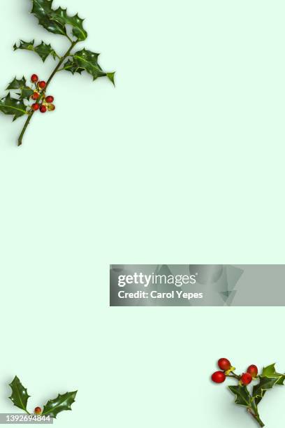 christmas background, small scandinavian styled decorations on green surface.top view - coffee cup top view stockfoto's en -beelden