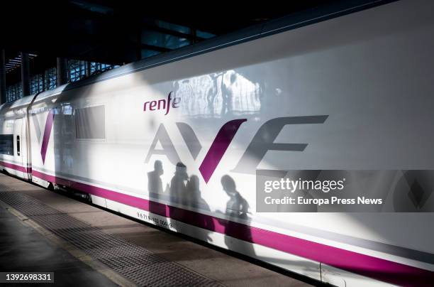 The new corporate image of the AVE trains on one of its trains, at Madrid's Puerta de Atocha Station, on 21 April, 2022 in Madrid, Spain. The...