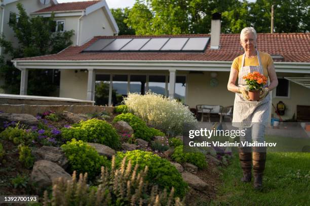 a senior woman walking across the grass in her garden - autarkie stockfoto's en -beelden