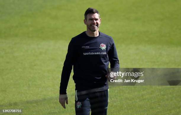 James Anderson of Lancashire CCC warms up ahead of the LV= Insurance County Championship match between Lancashire and Gloucestershire at Emirates Old...