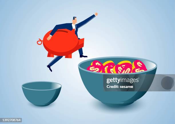 businessman holding piggy bank jumping from small bowl without gold coins to big bowl full of gold coins, boosting financial account savings, bank raising interest rate interest - low motivation stock illustrations