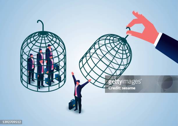 isometric group of businessmen behind bars and another freed. - breaking and exiting stock illustrations