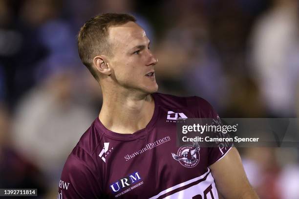 Daly Cherry-Evans of the Sea Eagles warms up before the round seven NRL match between the Cronulla Sharks and the Manly Sea Eagles at PointsBet...