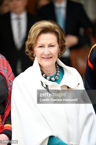 Her Majesty Queen Sonja of Norway opens the exhibition The Sámi Pavilion in the Nordic pavilion during the 59th International Art Exhibition on April...