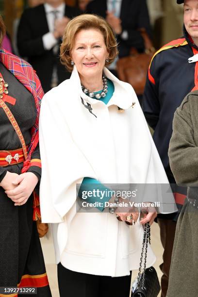 Her Majesty Queen Sonja of Norway opens the exhibition The Sámi Pavilion in the Nordic pavilion during the 59th International Art Exhibition on April...