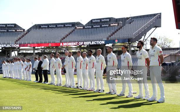 Players line up for a moment of reflection and unity ahead of the LV= Insurance County Championship match between Lancashire and Gloucestershire at...