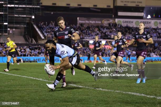 Siosifa Talakai of the Sharks scores a try during the round seven NRL match between the Cronulla Sharks and the Manly Sea Eagles at PointsBet Stadium...