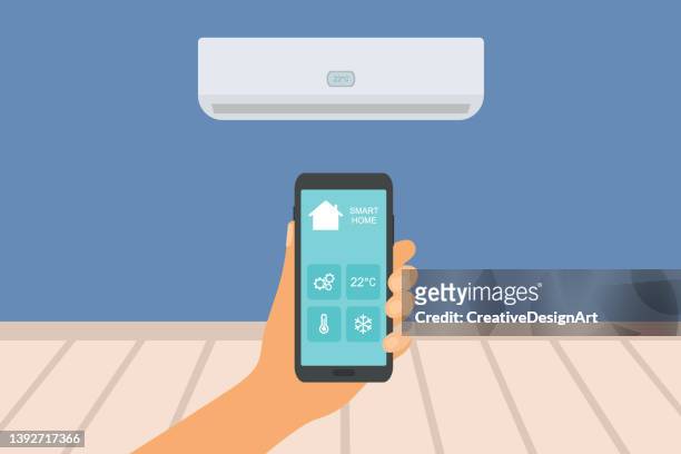smart home application on mobile phone. hand using smartphone and controlling air conditioning. - access control cartoon stock illustrations