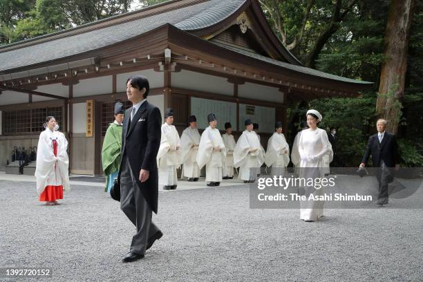 Crown Prince Fumihito, Crown Prince Akishino and Crown Princess Kiko of Akishino visit the Geku, the outer shrine of Ise Shrine on April 21, 2022 in...