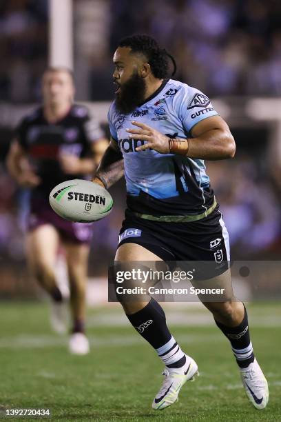 Siosifa Talakai of the Sharks makes a break during the round seven NRL match between the Cronulla Sharks and the Manly Sea Eagles at PointsBet...