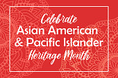 Asian American, Pacific Islanders Heritage month - celebration in USA. Vector banner with abstract mandala symbol ornament on red background. Greeting card, banner AAPI
