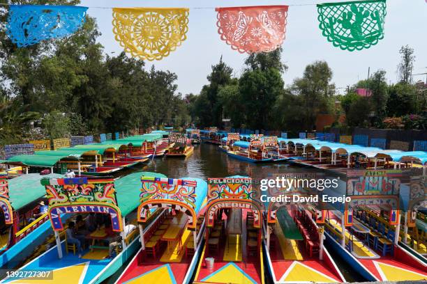 front view of the typical xochimilco boats called "trajineras" - xochimilco stock pictures, royalty-free photos & images